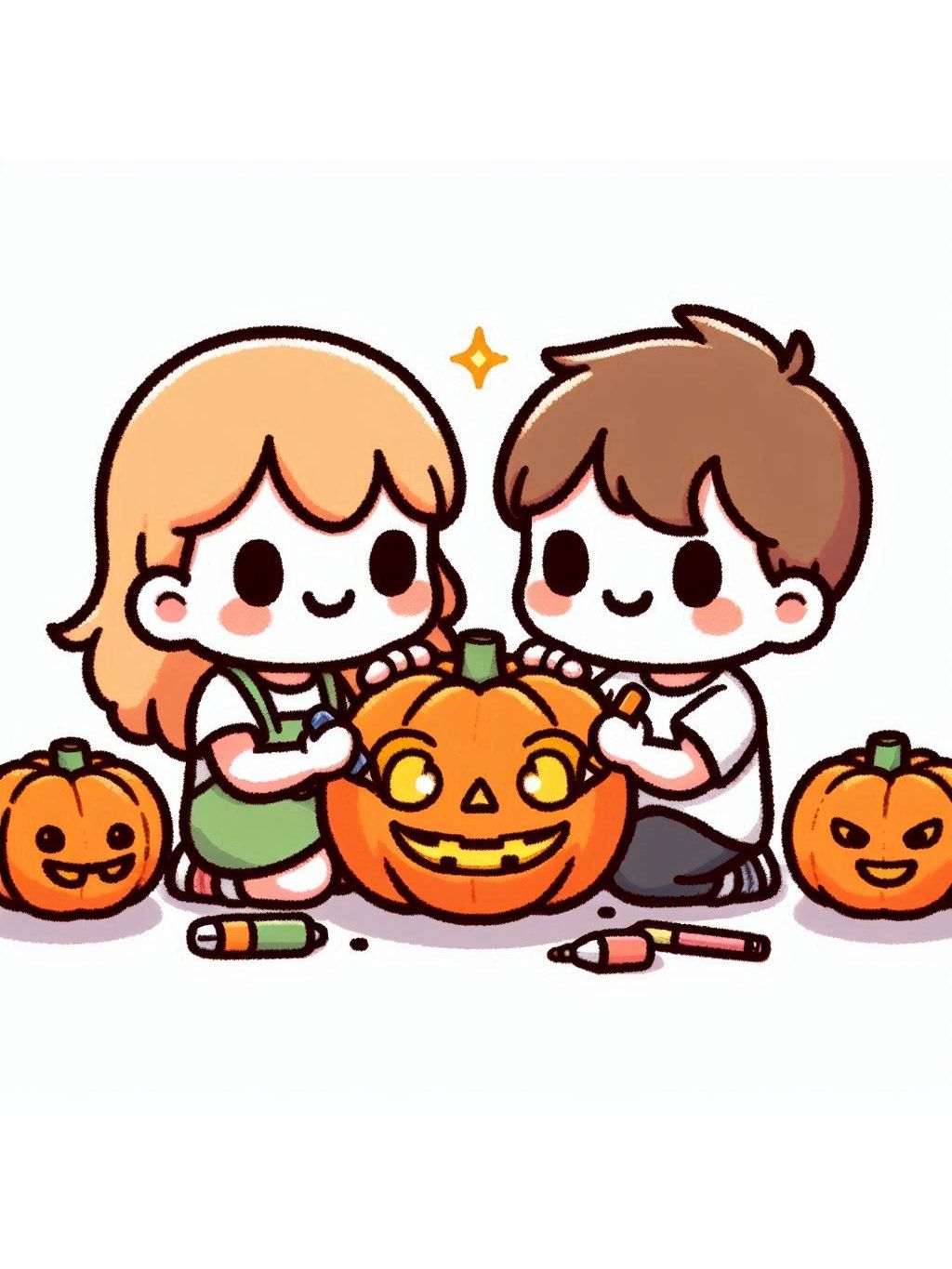 cute halloween drawings for kids 2, featuring two children joyfully carving a pumpkin together. Each child has a playful smile, surrounded by smaller decorated pumpkins and carving tools scattered around.